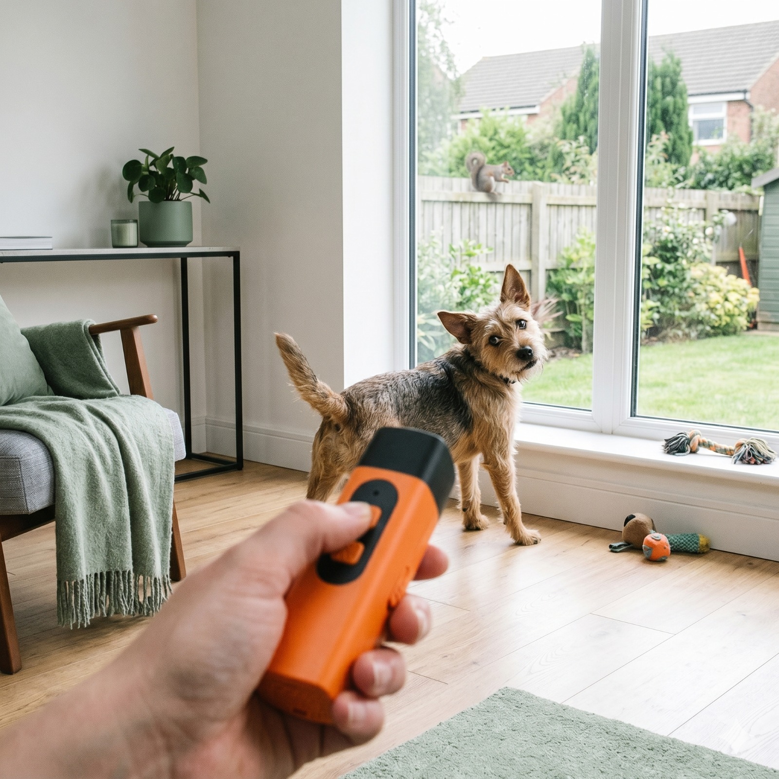 The BarkButton held in a hand in a real home setting, dog looking back from the window — shows the scale and in-context use